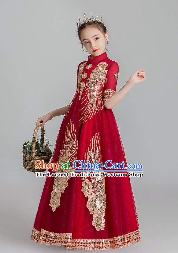 Chinese Traditional Tang Suit Wine Red Qipao Dress Apparels Ancient Girl Costumes Stage Show Embroidered Cheongsam for Kids