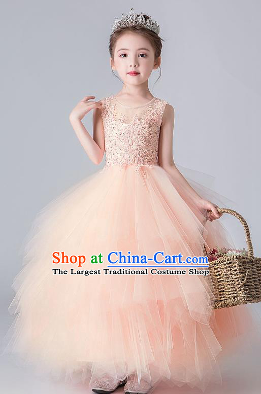 Professional Stage Show Pink Bubble Dress Girls Birthday Costume Children Top Grade Compere Veil Full Dress