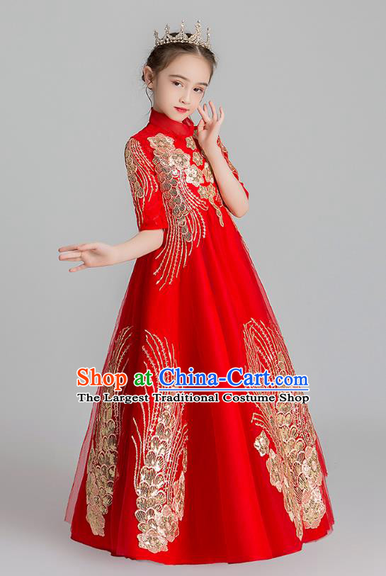 Chinese Traditional Tang Suit Red Qipao Dress Apparels Ancient Girl Costumes Stage Show Embroidered Cheongsam for Kids