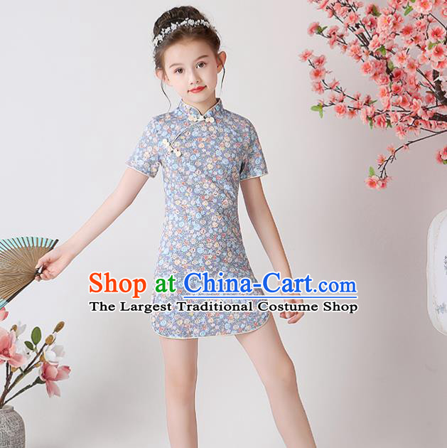 Chinese Traditional Tang Suit Grey Qipao Dress Apparels Ancient Girl Costumes Stage Show Short Cheongsam for Kids