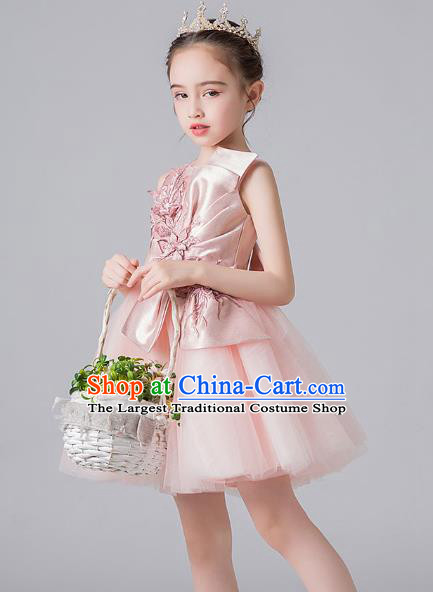 Professional Stage Show Pink Veil Bubble Dress Girls Birthday Costume Children Top Grade Compere Short Bowknot Full Dress