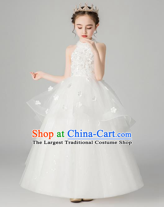 Professional Stage Show Girls Catwalks White Veil Dress Children Birthday Costume Top Grade Compere Full Dress