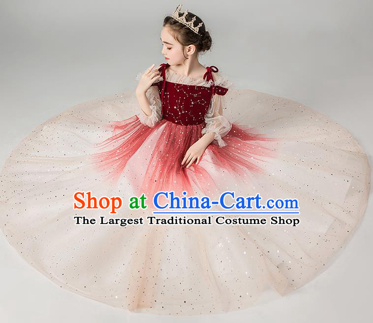 Professional Stage Show Girls Catwalks Purplish Red Velvet Dress Children Birthday Costume Top Grade Compere Veil Full Dress