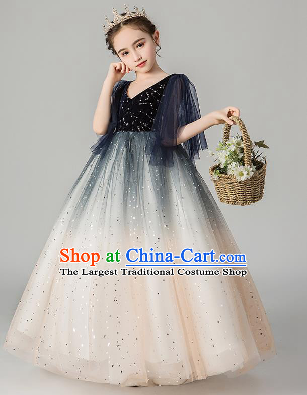 Professional Stage Show Girls Catwalks Navy Velvet Dress Children Birthday Costume Top Grade Compere Veil Full Dress