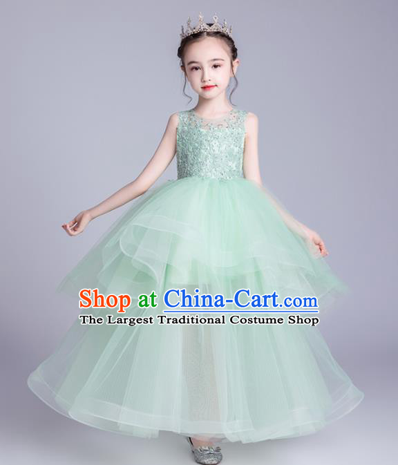 Top Grade Stage Show Green Veil Dress Children Girls Birthday Costume Compere Embroidered Full Dress