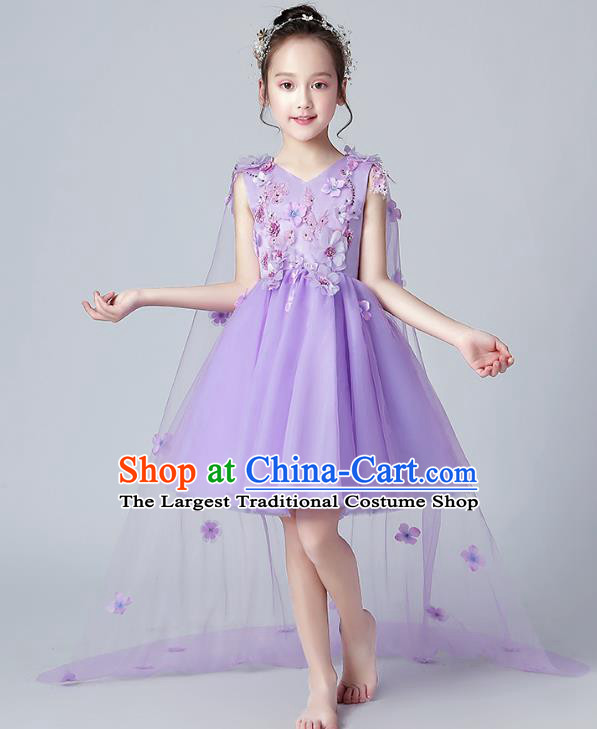 Top Grade Birthday Flowers Fairy Short Full Dress Children Compere Costume Stage Show Girls Catwalks Purple Veil Bubble Dress