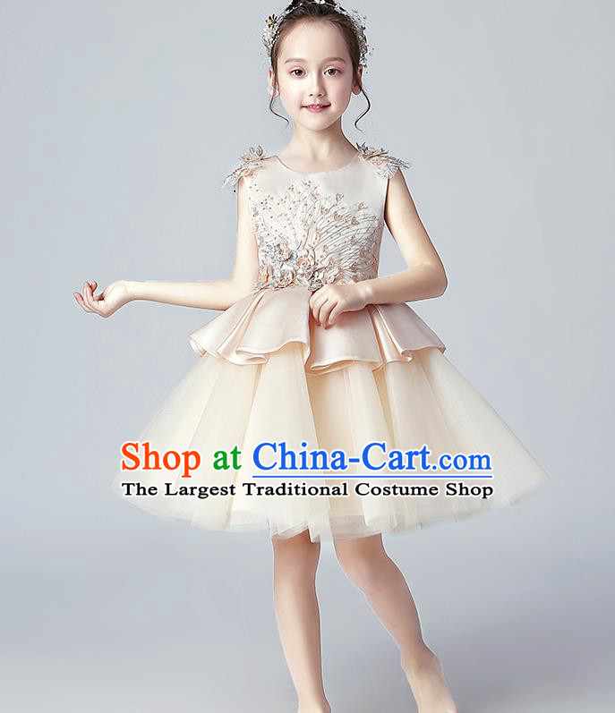 Top Grade Birthday Champagne Satin Full Dress Children Compere Costume Stage Show Girls Catwalks Veil Bubble Dress