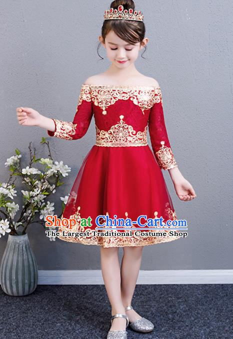 Top Grade Birthday Red Short Full Dress Children Compere Costume Stage Show Girls Catwalks Off Shoulder Dress