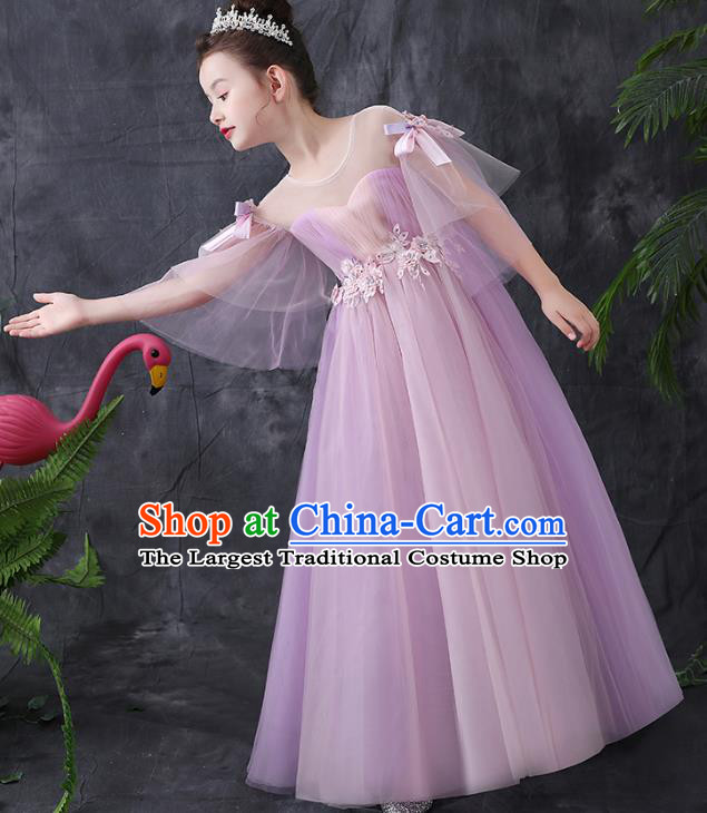 Top Grade Birthday Lilac Full Dress Children Compere Costume Stage Show Girls Catwalks Long Veil Dress