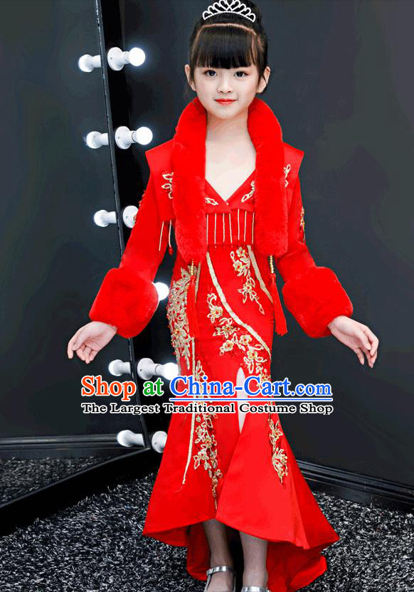 Chinese Traditional Tang Suit Winter Red Qipao Dress Girl Costumes Stage Show Cheongsam Apparels for Kids