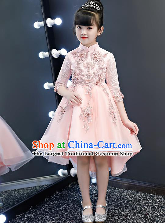 Top Grade Birthday Pink Lace Bubble Full Dress Children Compere Costume Stage Show Girls Catwalks Short Dress