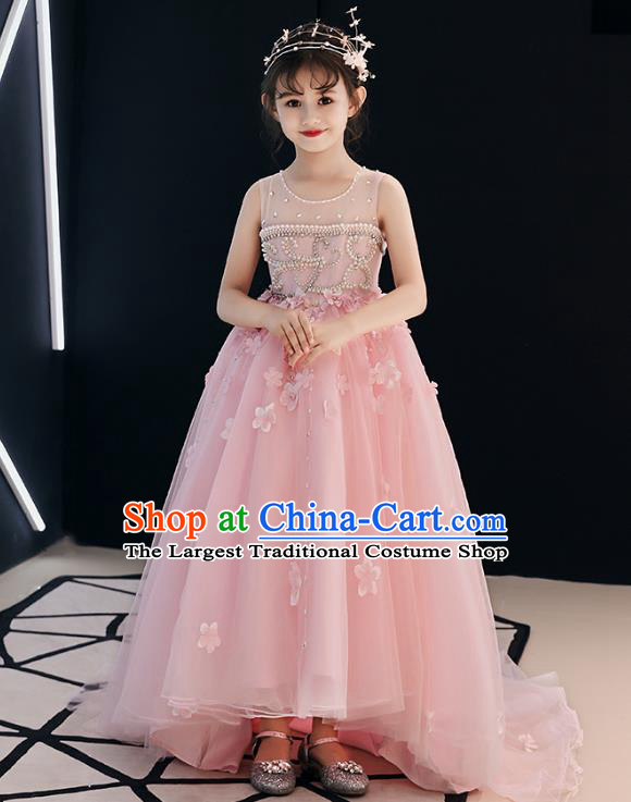 Top Grade Birthday Pink Veil Full Dress Children Compere Costume Stage Show Girls Catwalks Embroidered Beads Dress