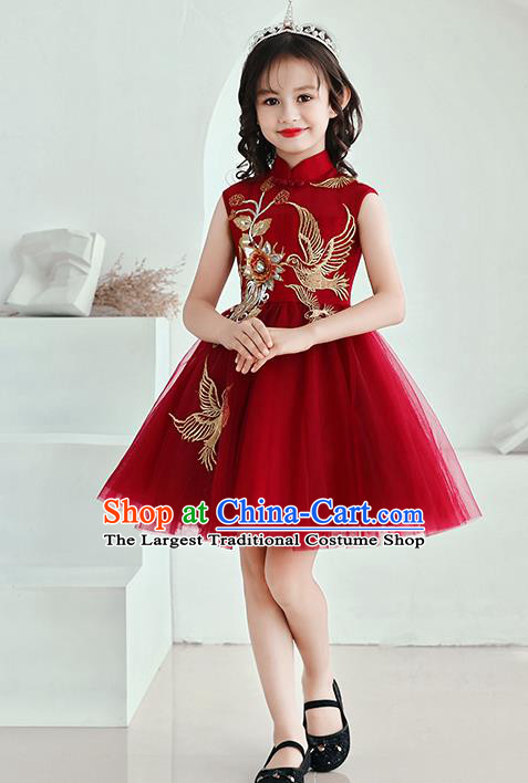 Top Grade Birthday Wine Red Veil Full Dress Children Compere Costume Stage Show Girls Catwalks Short Bubble Dress