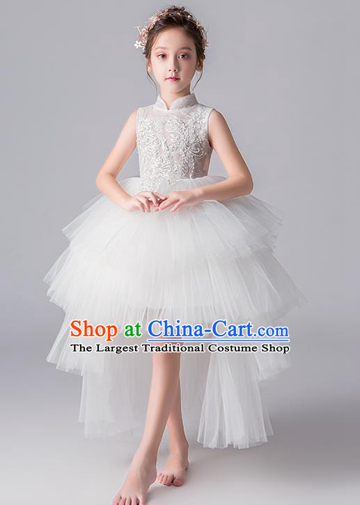 Top Grade Catwalks White Lace Full Dress Children Birthday Costume Stage Show Girls Compere Veil Dress