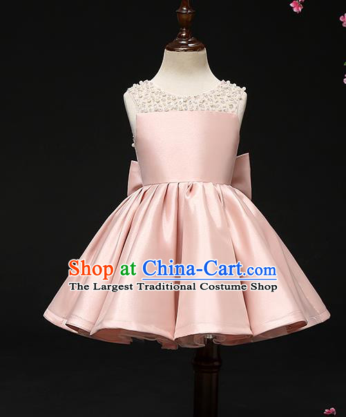 Top Grade Catwalks Pink Satin Full Dress Children Birthday Costume Stage Show Girls Compere Short Dress