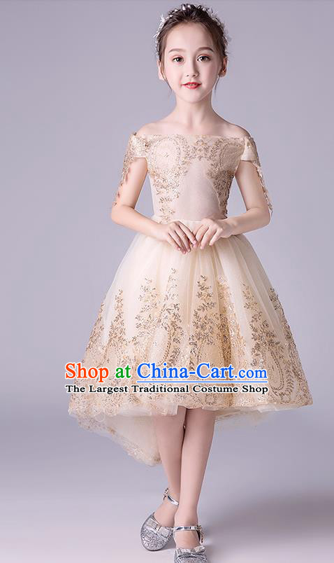 Top Grade Catwalks Champagne Full Dress Children Birthday Costume Stage Show Girls Compere Off Shoulder Dress