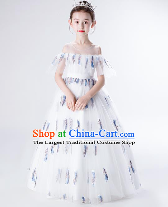 Top Grade Children Compere Costume Stage Show Birthday Full Dress Professional Girls Catwalks White Long Dress