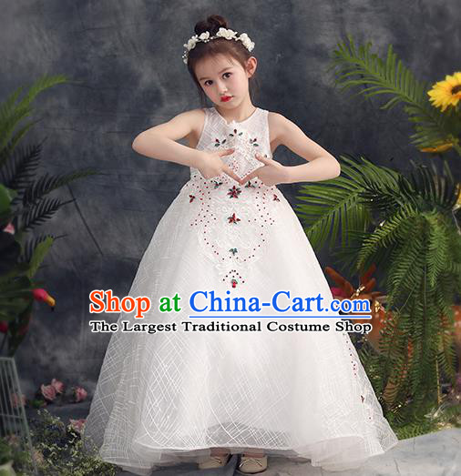 Top Grade Catwalks Trailing Full Dress Children Birthday Costume Stage Show Girls Compere White Veil Long Dress