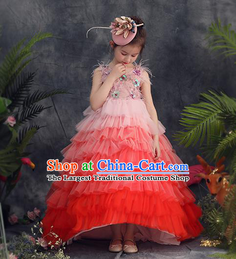 Top Grade Catwalks Pink Feather Full Dress Children Birthday Costume Stage Show Girls Compere Layered Dress