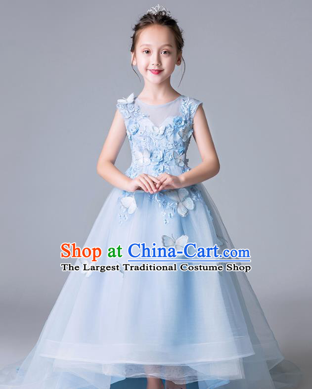 Top Grade Catwalks Blue Veil Full Dress Children Birthday Costume Stage Show Girls Compere Butterfly Dress