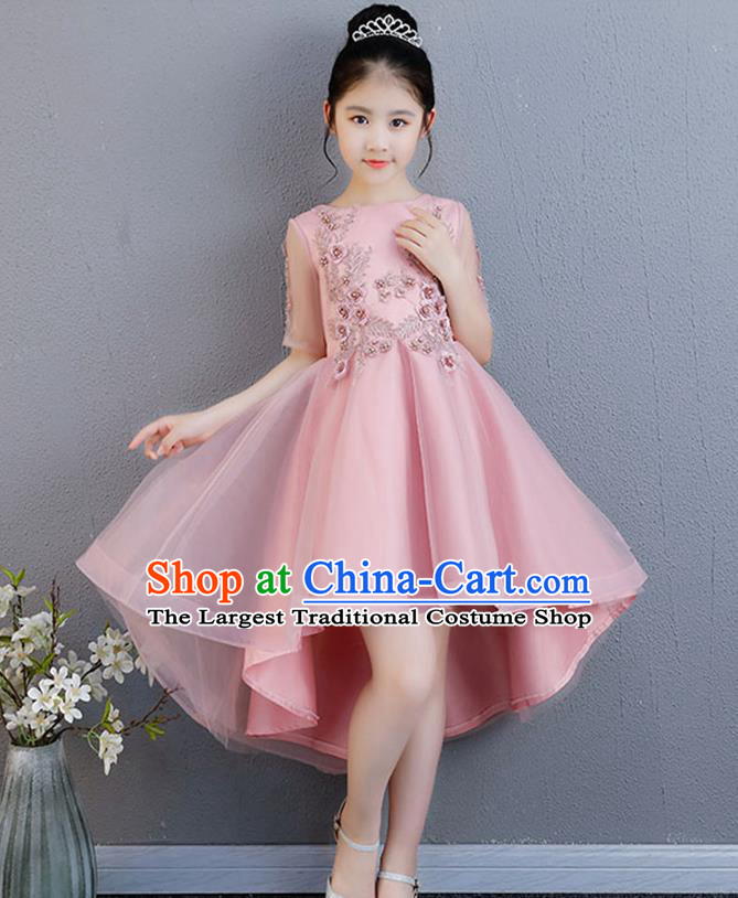 Top Grade Catwalks Pink Short Full Dress Children Birthday Costume Stage Show Girls Compere Lace Dress