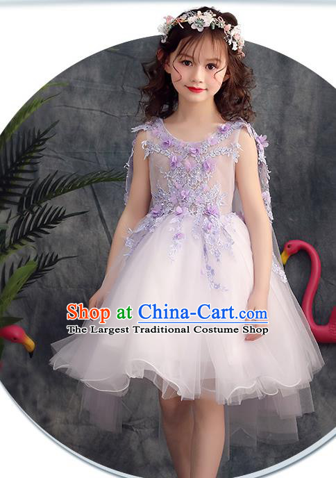 Top Grade Catwalks Purple Flowers Full Dress Children Birthday Costume Stage Show Girls Compere White Veil Short Dress