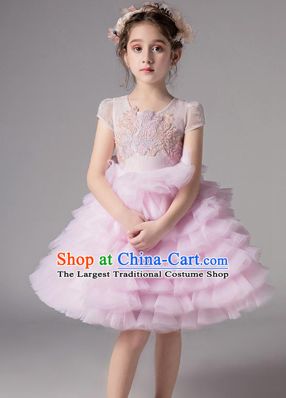 Top Grade Catwalks Veil Bubble Full Dress Children Birthday Costume Stage Show Girls Compere Pink Layered Dress