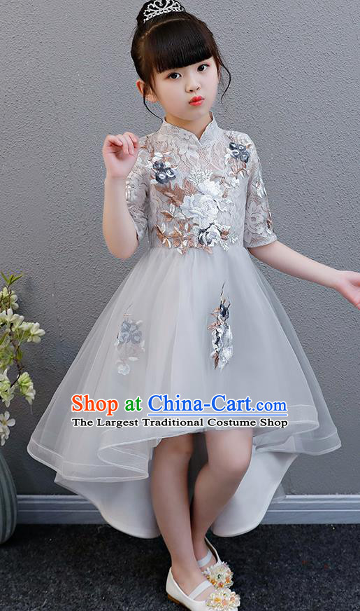 Top Grade Catwalks Grey Veil Full Dress Children Birthday Costume Stage Show Girls Compere Embroidered Lace Dress