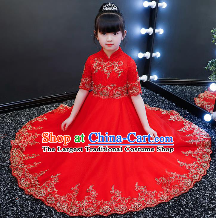 Top Grade Catwalks Veil Full Dress Children Birthday Costume Stage Show Girls Compere Red Long Dress