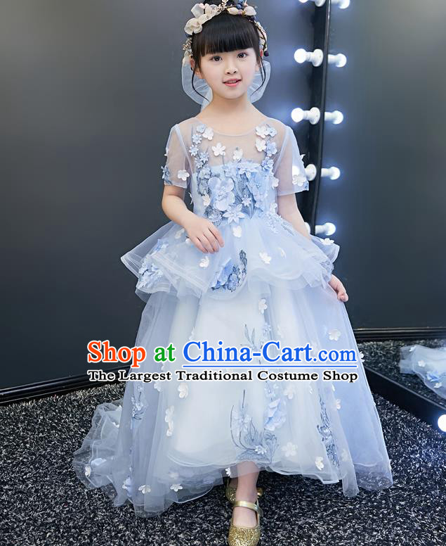 Top Grade Catwalks Flowers Full Dress Children Birthday Costume Stage Show Girls Compere Light Blue Veil Trailing Dress