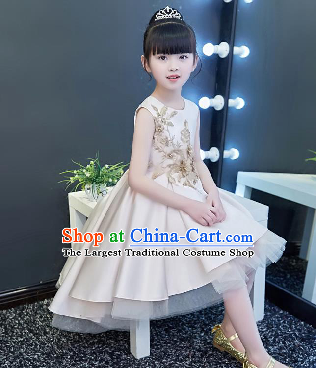 Top Grade Catwalks Light Pink Satin Full Dress Children Birthday Costume Stage Show Compere Flowers Girls Dress