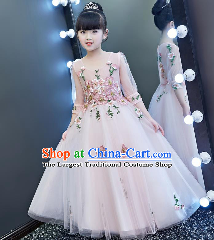 Top Grade Catwalks Flowers Girls Full Dress Children Birthday Costume Stage Show Compere Pink Veil Dress