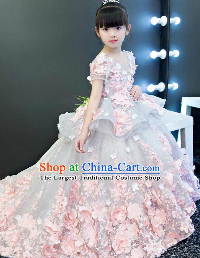 Top Grade Catwalks Flowers Trailing Full Dress Children Birthday Costume Stage Show Compere Dress