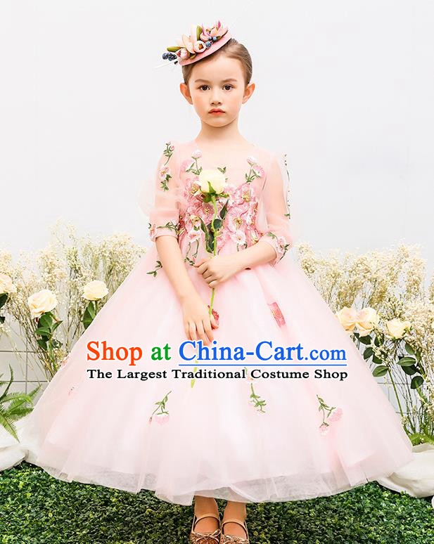 Top Grade Catwalks Pink Full Dress Children Birthday Costume Stage Show Compere Flowers Dress