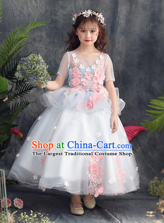 Top Grade Catwalks Flowers Fairy White Veil Full Dress Children Birthday Costume Stage Show Girls Compere Long Dress