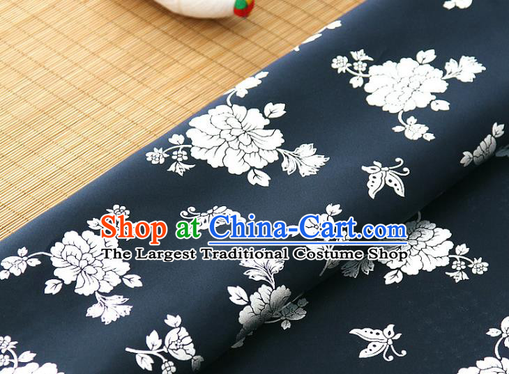 Asian Korea Classical Peony Pattern Navy Silk Fabric Korean Traditional Fashion Drapery Hanbok Material