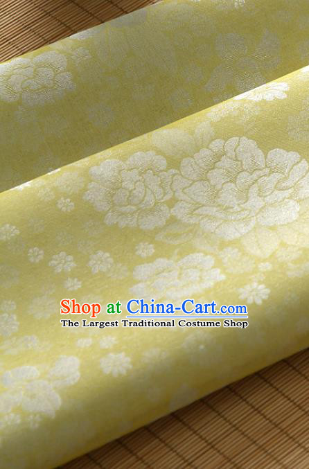 Asian Korea Classical Peony Flowers Pattern Yellow Silk Fabric Korean Fashion Drapery Traditional Hanbok Material