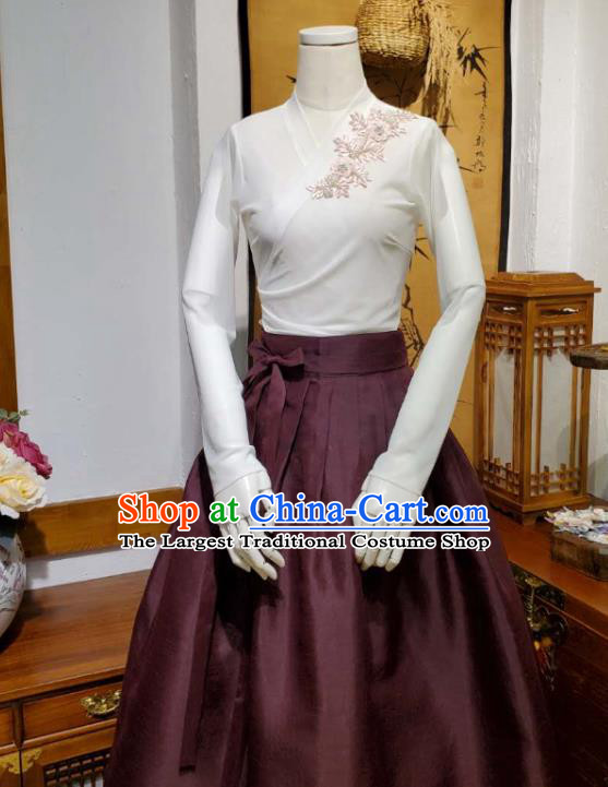 Korean Traditional Dance Blouse and Wine Red Satin Skirt Asian Korea National Fashion Costumes Women Hanbok Apparels