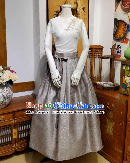 Korean Traditional Dance Blouse and Grey Satin Bust Skirt Asian Korea National Fashion Costumes Women Hanbok Apparels