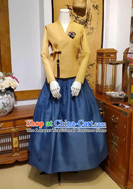 Korean Traditional Female Ginger Blouse and Navy Bust Skirt Asian Korea National Fashion Costumes Women Hanbok Apparels