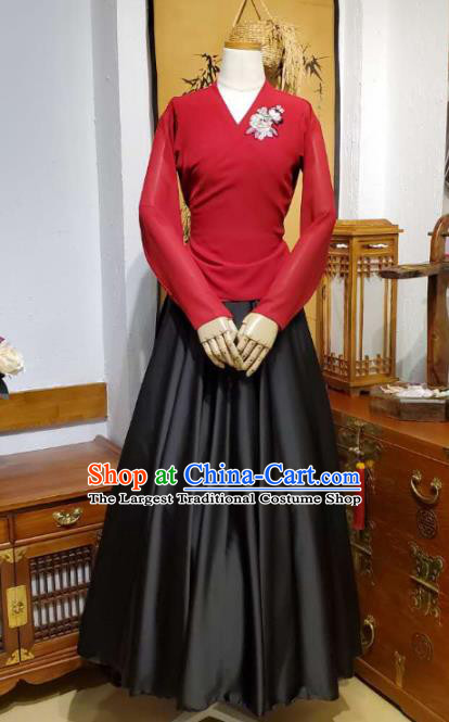 Korean Traditional Dance Training Red Veil Blouse and Black Satin Skirt Asian Women Hanbok Informal Apparels Korea Fashion Costumes