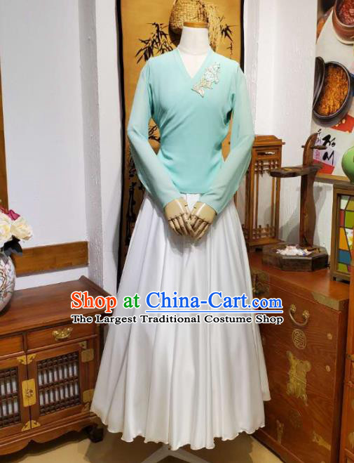 Korean Traditional Dance Training Light Blue Veil Blouse and White Satin Skirt Asian Women Hanbok Informal Apparels Korea Fashion Costumes