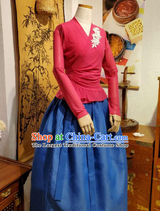 Korean Dance Training Rosy Veil Blouse and Deep Blue Skirt Asian Women Hanbok Informal Apparels Korea Fashion Traditional Costumes