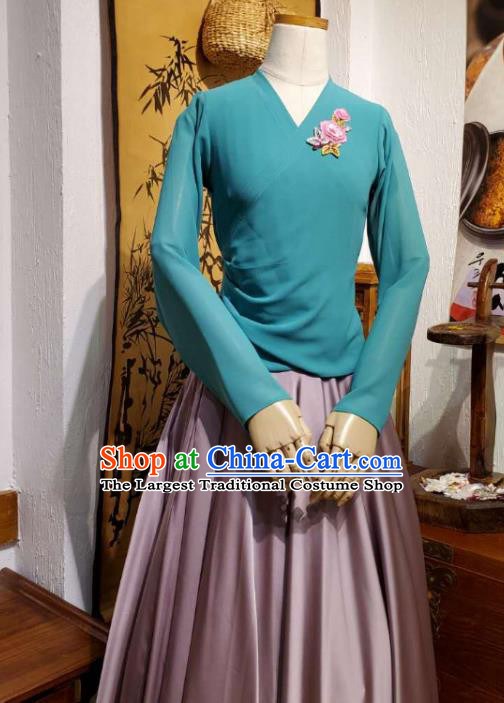 Korean Traditional Dance Training Teal Veil Blouse and Deep Pink Satin Skirt Asian Women Hanbok Informal Apparels Korea Fashion Costumes