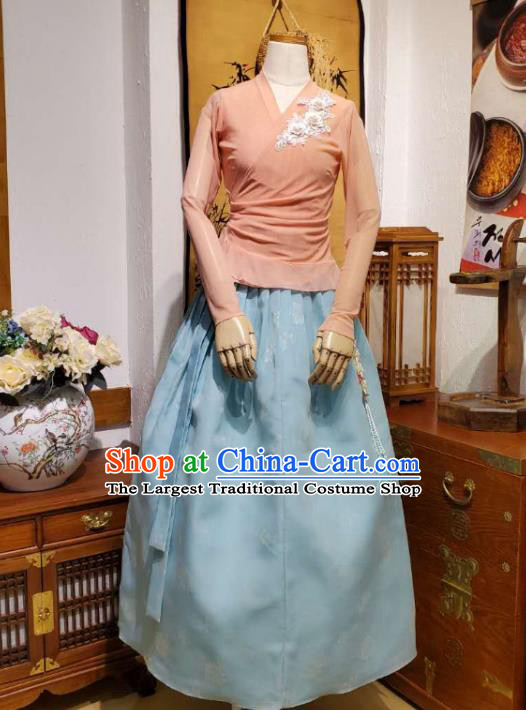 Korean Dance Training Pink Veil Blouse and Light Blue Skirt Asian Women Hanbok Informal Apparels Korea Fashion Traditional Costumes