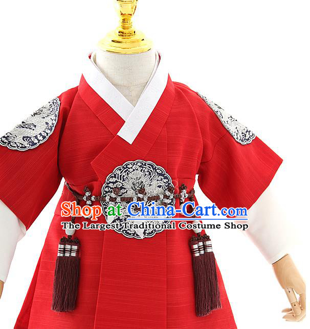 Asian Korea Kids Red Vest Shirt and Pants Dress Korean Boys Birthday Fashion Traditional Hanbok Apparels Costumes