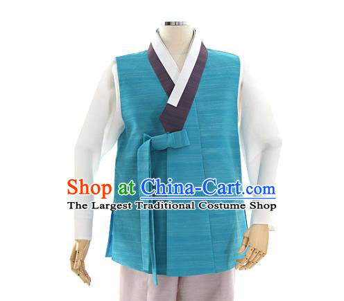 Asian Korea Men Blue Vest Shirt and Pants Dress Korean Bridegroom Fashion Traditional Wedding Hanbok Apparels Costumes