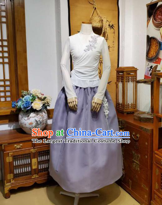 Korean Apparels White Veil Blouse and Lilac Skirt Asian Women Informal Hanbok Korea Fashion Traditional Dance Training Costumes