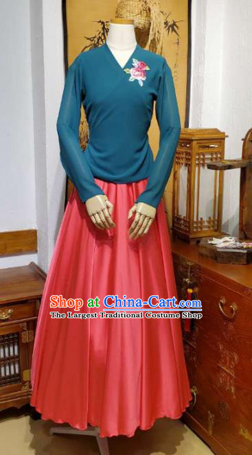 Korean Traditional Dance Training Peacock Blue Veil Blouse and Watermelon Red Satin Skirt Asian Women Hanbok Informal Apparels Korea Fashion Costumes