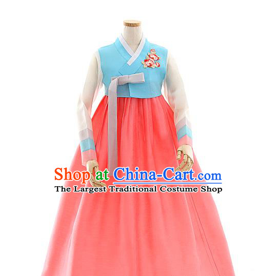 Korean Bride Blue Blouse and Watermelon Red Dress Korea Fashion Costumes Traditional Hanbok Festival Wedding Apparels for Women